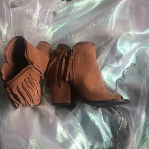 Camel block heel peep toe booties